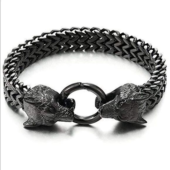 Men’s Black Thick Wolf Head Link Chain Bracelet - Picture 1 of 10